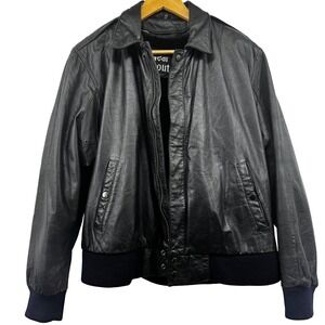 Vintage 100% Genuine Black Leather Bomber Jacket Faux Fur Lined Men Sz 42 Large